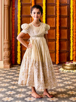 Vastramay - Girls Gold Tissue Silk Jacquard Anarkali with Detachable Dupatta (Set of 3)