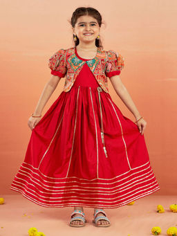 Vastramay - Girls Red Anarkali Crepe Embroidered Anarkali with Jacket (Set of 2)