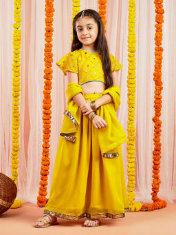 Vastramay - Girls Yellow Lehenga Crop Top with Long Skirt & Dupatta (Set of 3)