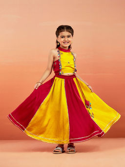 Vastramay - Girls Yellow & Red Silk Blend Embroidered Lehenga with Crop Top (Set of 2)