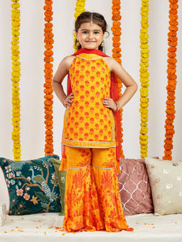 Vastramay - Girls Yellow & Orange Printed Kurta Sharara & Dupatta (Set of 3)