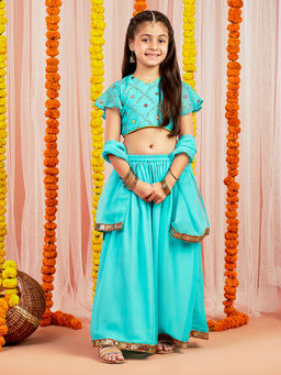 Vastramay - Girls Aqua Lehenga Crop Top with Long Skirt & Dupatta (Set of 3)