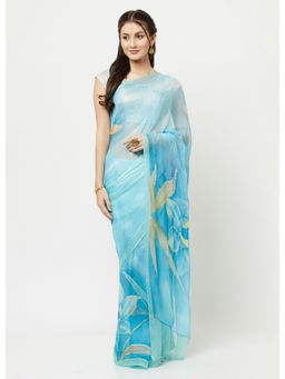 La Vastraa - Hand Painted Blue Chiffon Saree With Unstitched Blouse