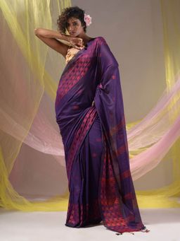 CHARUKRITI - Purple Cotton Handloom Soft Geometric Border Saree with Unstitched Blouse