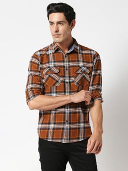 Dragon Hill - Full Sleeves Rust Brown Brush Twill Checked Shirt With Double Pocket