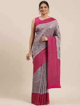 Banarasi Silk Works - Grey Dupion Silk Jaal Skirt Border Saree with Unstitched Blouse