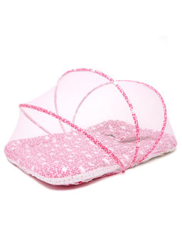 TIDY SLEEP - Unisex Pink Printed Mattress and Pillow with Attached Mosquito Net (Set of 2)