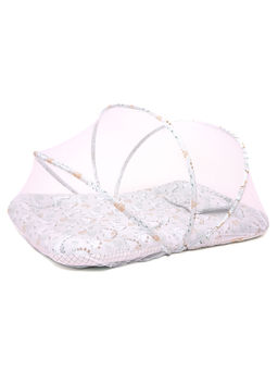 TIDY SLEEP - Unisex White Printed Mattress and Pillow with Attached Mosquito Net (Set of 2)