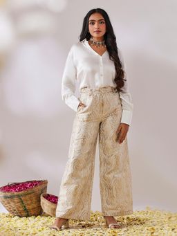 Gulaal - Prayag White Plain Shirt With Handwoven Brocade Pant (Set of 2)