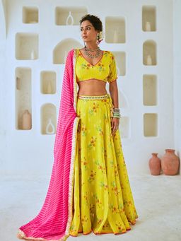 Myaara - Lemon Green Tissue Chanderi Floral Lehenga With Blouse and Leheriya Dupatta (Set of 3)