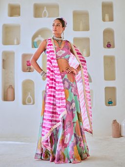 Myaara - Aqua Blue Floral Embellished Lehenga With Blouse and Leheriya Dupatta (Set of 3)