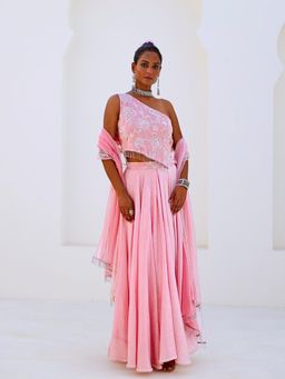 Myaara - Soft Pink Embroidered Chanderi Lehenga With Blouse and Organza Dupatta (Set of 3)