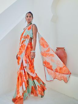 Myaara - Mint Green Floral Chiffon Draped Saree With Embellished Blouse (Set of 2)