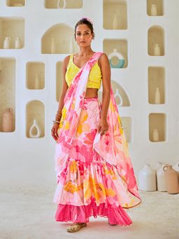 Myaara - White & Pink Floral Chiffon Draped Saree With Embellished Blouse (Set of 2)