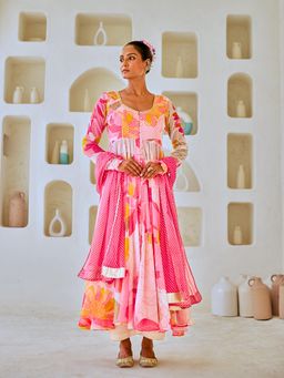 Myaara - White & Pink Floral Chiffon Flared Anarkali with Pant Leheriya Dupatta (Set of 3)