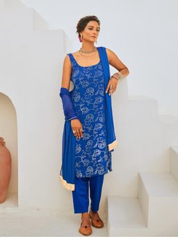Myaara - Royal Blue Mukaish Georgette Kurta with Pant Chiffon Dupatta (Set of 3)