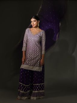 Sindh Fashion - Purple Semi Georgette Handwork Kurta with Pant and Dupatta (Set of 3)