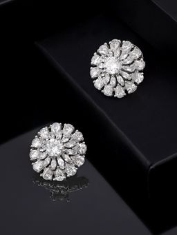 Estele - Rhodium Plated CZ Sparkling Flower Designer Stud Earrings for Women