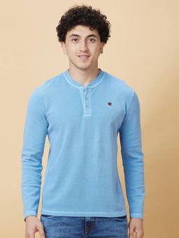 Being Human - Men Light Blue Wash Henley Neck T-Shirt