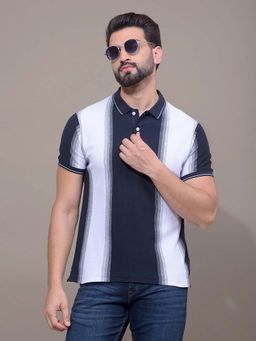 CRIMSOUNE CLUB - Men Navy Blue Vertical Stripes Pure Cotton Polo T-Shirt