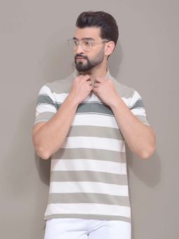 CRIMSOUNE CLUB - Men Green Horizontal Stripes Pure Cotton Polo T-Shirt