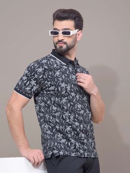 CRIMSOUNE CLUB - Men Black Floral Print Polo T-Shirt