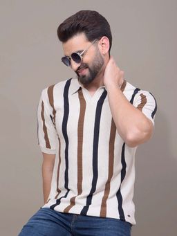 CRIMSOUNE CLUB - Men Beige Vertical Stripes Polo T-Shirt