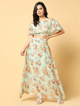SHOWOFF - Womens Green Floral Printed Co-Ord (Set of 2)