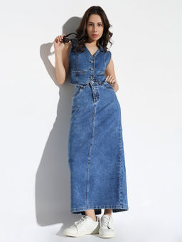 SHOWOFF - Womens Blue Solid Co-Ord (Set of 2)