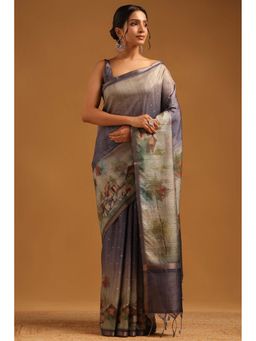 Soch - Womens Navy Blue Tussar Saree with Unstitched Blouse
