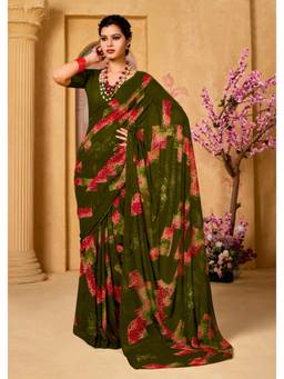 Nyri - Olive Green Printed Georgette Casual Saree