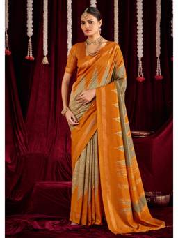 Nyri - Ikat Silk Zig Zag Printed Beige & Orange Saree