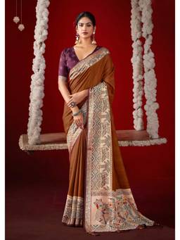 Nyri - Brown Kalamkari Printed Velvet Tussar Silk Saree