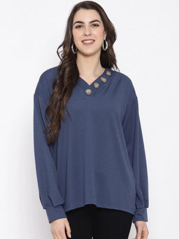 IKI CHIC - Waffle Knitted Buttoned Neck Top