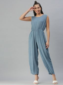 SHOWOFFFF - Women Round Neck Blue Printed Jumpsuit