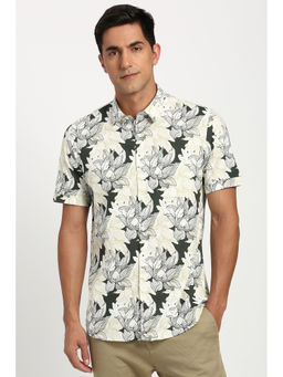 Peter England - Men Light Yellow Slim Fit Print Half Sleeves Casual Shirt