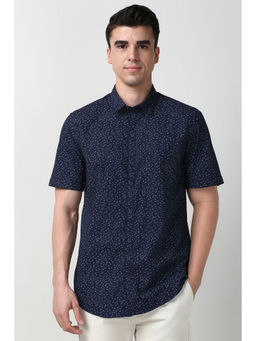 Peter England - Men Navy Blue Slim Fit Print Half Sleeves Casual Shirt