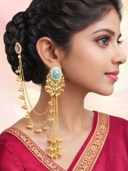OOMPH - Multi-Color Gold Heritage Kashmiri Dangler Earrings with Ear Chain