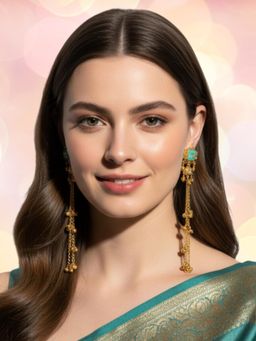 OOMPH - Women Firozi Turquoise Long Kashmiri Drop Earrings
