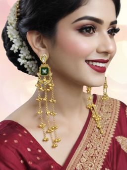 OOMPH - Women Green Floral Long Kashmiri Drop Earrings