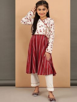 BaawRi - Maroon Floral Printed Angrakha Kurta with Pant