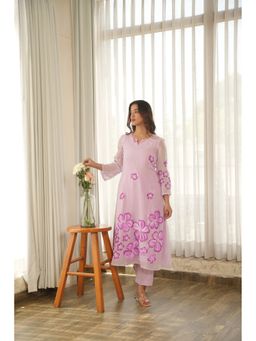 ONEWE INDIA - Lavender Blossom Hand Paint Soft Organza Kurta with Pant and Dupatta