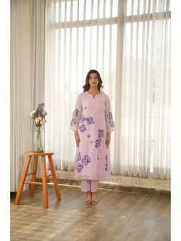 ONEWE INDIA - Women'S Lavender Hand Paint Soft Organza Kurta with Pant and Dupatta