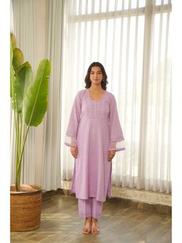 ONEWE INDIA - Lavender Schiffli Cotton Embroidered Kurta with Pant and Dupatta