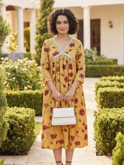 Maaesa - Yellow Cotton Floral Printed A-Line Dress