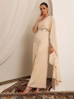 Miss Chase - Luxe Womens Beige V-Neck Sleeveless Embellished Pleated Satin Jumpsuit