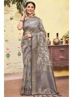 Sangam Prints - Grey Cotton Woven Zari Work Traditional Tassel Saree with Unstitched Blouse