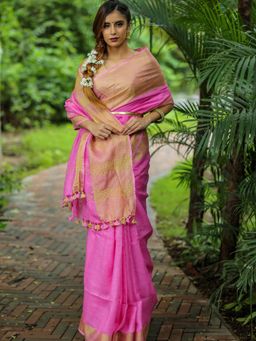Beatitude - Pink Handwoven Solid Linen Saree Broad Golden Zari Border with Unstitched Blouse
