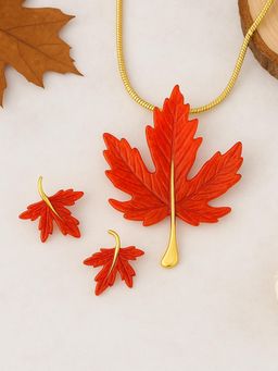 Estele - Gold Plated Leaf Designer Pendant Set with Red Enamel for Women