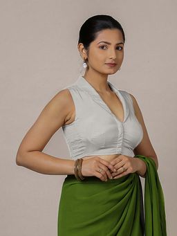 Binks - Avni X Rozaana Silver Sleeveless FlexiFit Shawl Collar Stitched Blouse